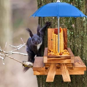 MIXXIDEA Squirrel Feeder Picnic Table with Tall Umbrella, Wooden Squirrel Feeders for Outside, Cute Chipmunk Feeder with Corn Cob Holder, Solid Structure, Thick Wood (Rustic Brown Red Umbrella)