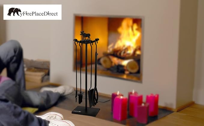 5 Pieces Fireplace Tools Set Strength Wrought Iron Indoor Outdoor Fire Place Toolset Hearth Accessories Kit with Fireplace Brush, Fire Poker, Fireplace Shovel, Firewood Tong
