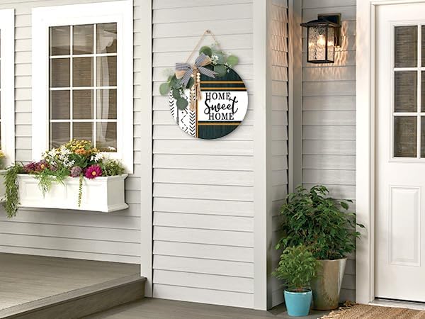 CHDITB Boho 3D Home Sweet Home Front Door Wreath Sign(12"x12"), Farmhouse Porch Decor Sign with Green Leaves Plaid Bow Bead, Rustic All Year Seasons Hanger Decoration Hanging for Office Home