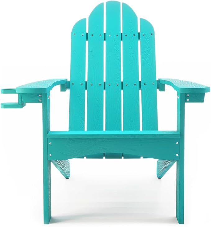 LUE BONA HDPS Adirondack Chairs Set of 6, Fire Pit Outdoor Chair Weather Resistant with Cup Holder, Modern Plastic Chair Plastic for Patio, Deck, Proch, 350LBS, Aruba Blue
