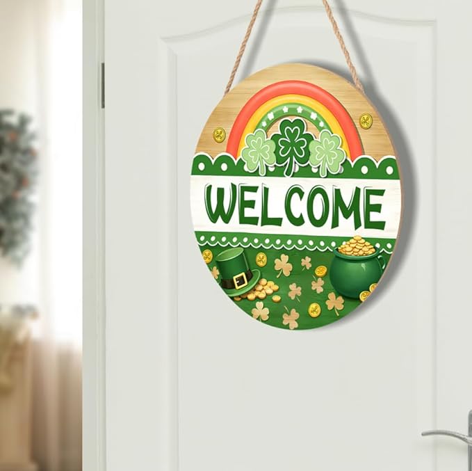 Welcome Front Door Sign Round 12 X 12 Inches St Patricks Day Door Hanger Summer Spring Welcome Wall Pediment Holiday Saint Patricks Day Wooden Plaque for Yard Porch Seasonal Home Decoration