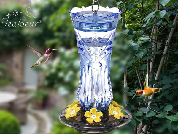 Hummingbird Feeder for Outdoors Hanging, 18 OZ Humming Birds Feeders with 6 Bee Guard Feeding Ports & Built-in Ant Moat, Easy to Clean, Durable Outdoor Garden Decor, Blue