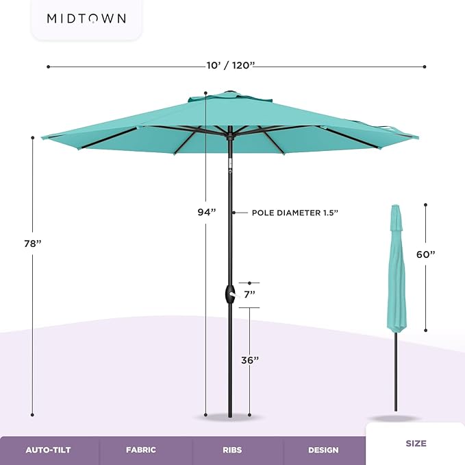 Midtown Umbrellas - 10-Year-No-Fade 10 Ft Patio Umbrella with Terylast Fabric, Auto-Tilt Aluminum Frame and 8 Reinforced Ribs for Deck, Pool, Garden & Beach - Cherry Burgundy Canopy, Black Pole