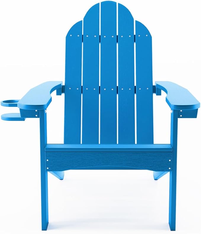 LUE BONA HDPS Adirondack Chairs, Fire Pit Outdoor Chair Weather Resistant with Cup Holder, Modern Plastic Chair Plastic for Patio, Deck, Proch, 350LBS, Blue
