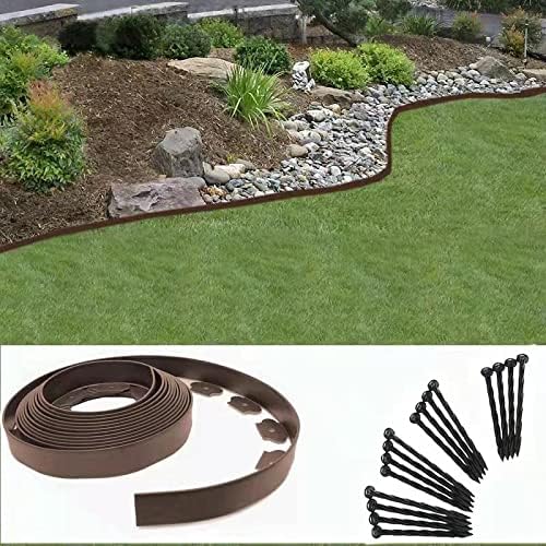Garden Edging,20ft Landscape Edging with 20 Spikes for Lawn 2 Inch Tall (Brown, 20FT)