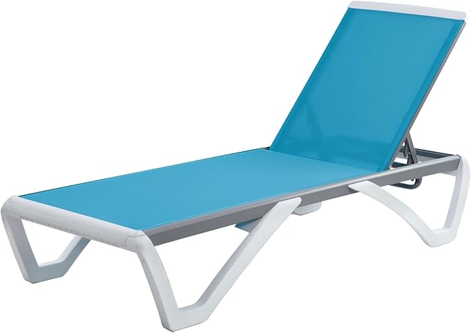 Kozyard Outdoor Chaise Lounge Chair, Full Flat Adjustable Patio Lounger with Aluminum Frame & Resin Legs, Textilene Fabric for Poolside, Backyard & Beach (Aqua/WhiteFrame, Chair)