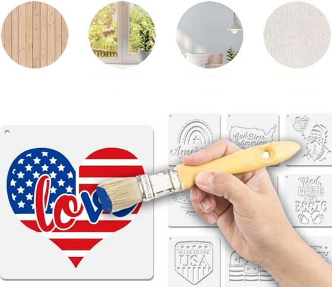 16 pcs Independence Day Stencils Reusable,8x8 4th of July Stencils for Painting American Flag Stencil for Scrapbooking Drawing Wall Floor Decoration DIY Painting Projects (Independence Day-16pcs)