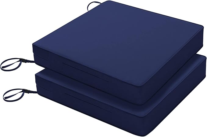 Favoyard Patio Chair Cushions 22 x 22 x 3 Inch Waterproof Outdoor Seat Cushions for Patio Furniture 3-Year Color Fastness Garden Sofa Couch Pads with Handle & Adjustable Straps Set of 2, Blue