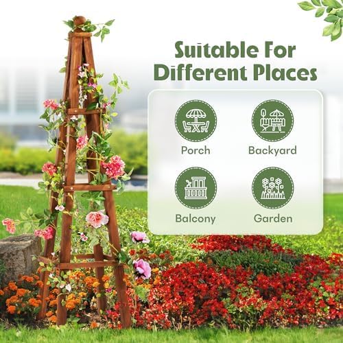 Idzo 61-Inch Wood Obelisk Trellis for Climbing Plants โ Heavy-Duty Wooden Garden Trellis for Outdoor & Indoor Decor, Easy Assembly, Space-Saving Plant Support for Patio, Yard, and Planters