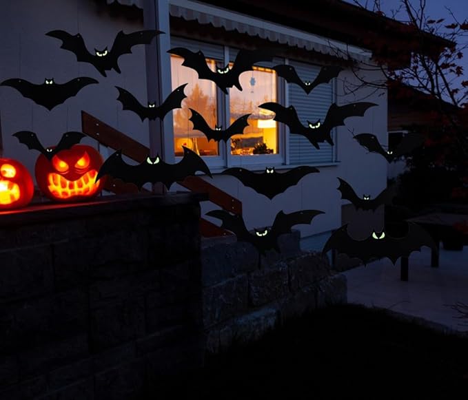 Hanging Bats Halloween Decorations Outdoor - 16 Pack Glowing Eyes Large Flying Bats 5 Different Size, Waterproof Plastic Realistic Black Bats Hanging in Tree Outside Halloween Decoration for Porch