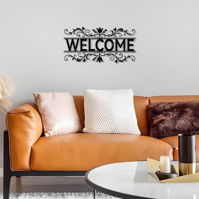 Metal Welcome Signs for Front Door- Elegant Black Metal Letter Wall Decor, Welcome Door Sign Wall Hanging Decors for Front Porch/Living Room/Kitchen/Office, Waterproof Outdoor Garden Fence Art Sign