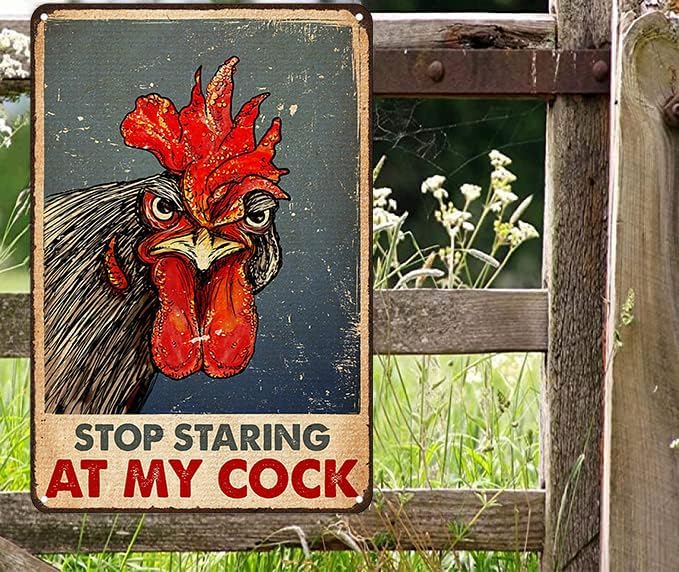 Funny Chicken Stop Staring My Cock Tin Sign for Farm Chicken Coop Farmhouse Kitchen Vintage Wall Decor 8x12 Inch (3058)