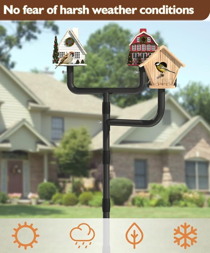 Garbuildman Upgraded Smart Bird Feeder Pole for 3 Birdhouses with Reinforced 5-Prong Base, Adjustable Birdhouse Pole for Outdoors, 3-in-1 Bird Feeder Stand Mounting Kit for Wild Birds Watching, Black