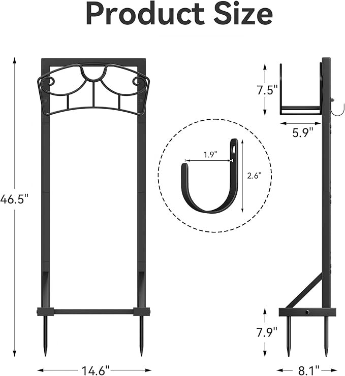 Garden Hose Holder Stand, Freestanding Metal Water Hose Storage Rack with Hooks for Outside Yard Lawn, Heavy Duty