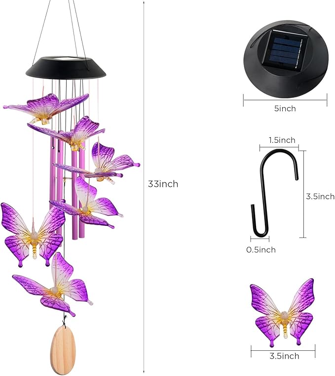 Butterfly Mom Gifts for Mothers Day Grandma Gift, Butterfly Solar Wind Chimes for Outside Solar Lights Outdoor Decor Hanging Mobile for Garden Patio Yard Porch Decoraion Birthday Gifts for Women