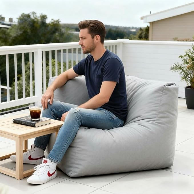 Patio Corner Chair, Outdoor Armrest Bean Bag Chair, Daybed Sofa Comfy Couch, Modular Patio Sectional Sofa, Water-Resistant Olefin Fabric, High-Density Foam Filled, Comfy Lounge Seat, Light Beige