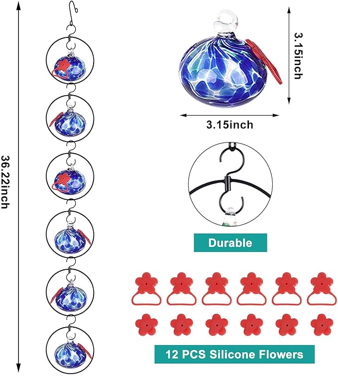 Flexible 6 Pack Hummingbird feeders for Outdoors Hanging Ant and Bee Proof,Detachable Hand Blown Glass Hummingbird Feeder with 6 Adjustable Silicone Perch(Dotted Blue)