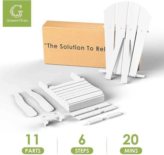 GREENVINES Adirondack-Chairs-with-Ottoman | Set of 6 | Folding | Retractable-Footrest | HDPE Plastic | All Weather Fire Pit Chair | Cup Holders | White | for Outdoor Poolside