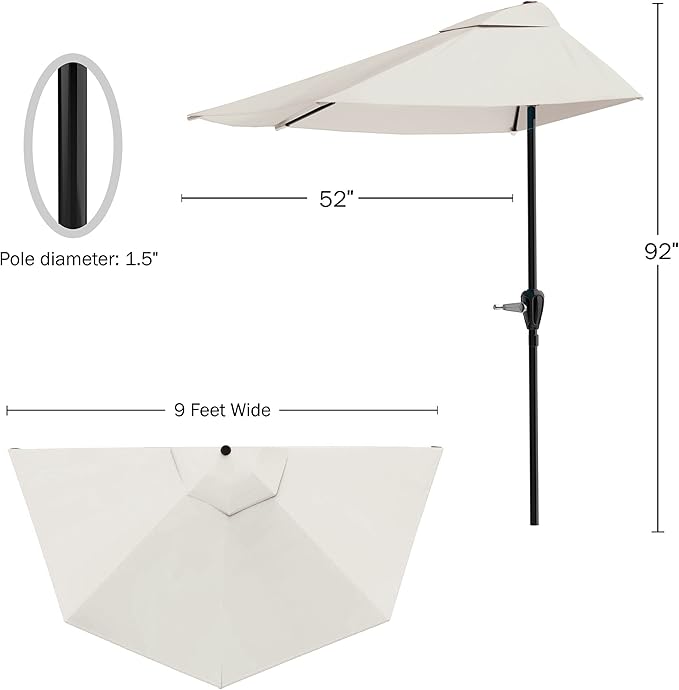 Half Umbrella Outdoor Patio Shade - 9 ft Patio Umbrella with Easy Crank - Small Canopy for Balcony, Table, or Deck by Pure Garden (Tan)