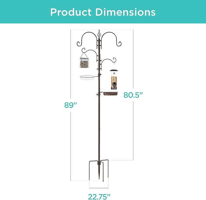 Best Choice Products 91in 4-Hook Bird Feeding Station, Steel Multi-Feeder Kit Stand for Attracting Wild Birds w/ 2 Bird Feeders, Mesh Tray, Bird Bath, 4-Prong Base - Bronze
