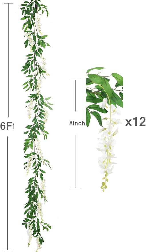 DearHouse 2Pcs 6Ft/Piece Artificial Flowers Wisteria Garland Artificial Wisteria Vine Hanging Flower Greenery Garland for Home Garden Outdoor Wedding Arch Floral Decor (White)