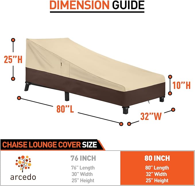 Arcedo Waterproof Patio Chaise Lounge cover, heavy duty Lounge Chair Covers for Outdoor Furniture, Protect Your Pool Chairs in Winter, 80" L x 32" W x 25" H, Beige and Brown