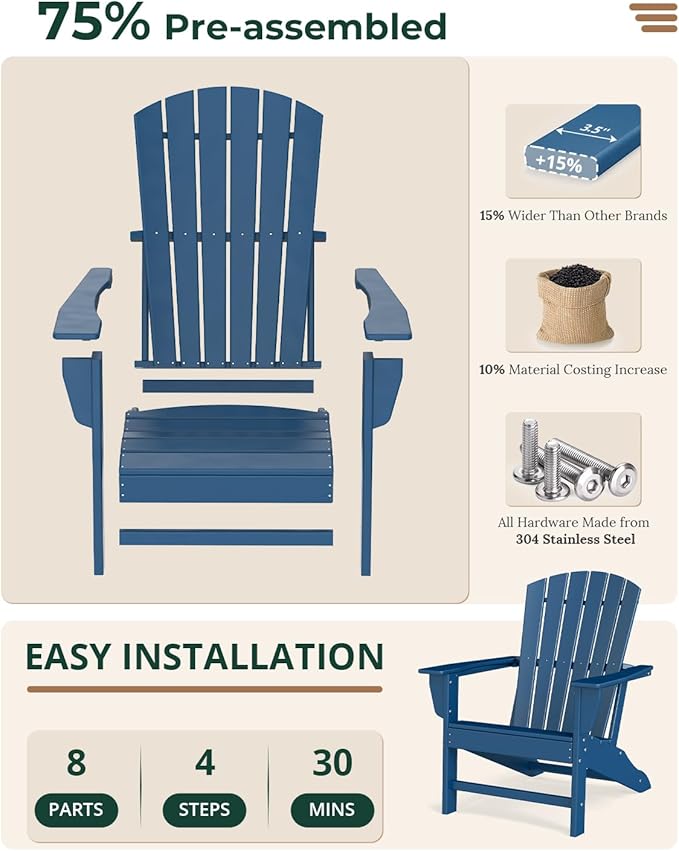 BRIOPAWS Adirondack-Chairs-Set of 2 | Fire Pit Chair | Oversized | HDPE Plastic | Weather Resistant | for Deck Outdoor Poolside Campfire | Blue