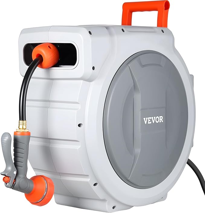 VEVOR Retractable Garden Hose Reel, 1/2 in x 130 ft, Wall Mounted Hose Reel with 9-Function Sprayer Nozzle and 180° Swivel Bracket, Any Length Lock, Automatic Slow Rewind System, for Garden Watering