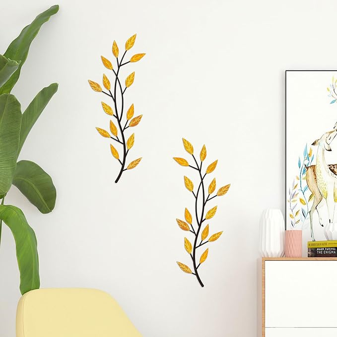 LWHZHE 2 Pieces Vintage Tree Leaf Wall Art Vine Metal Bathroom Wall Decor Olive Branch Wall Decor Living Room Tree Wall Art for Outdoor Hallway Kitchen Garden (Yellow)