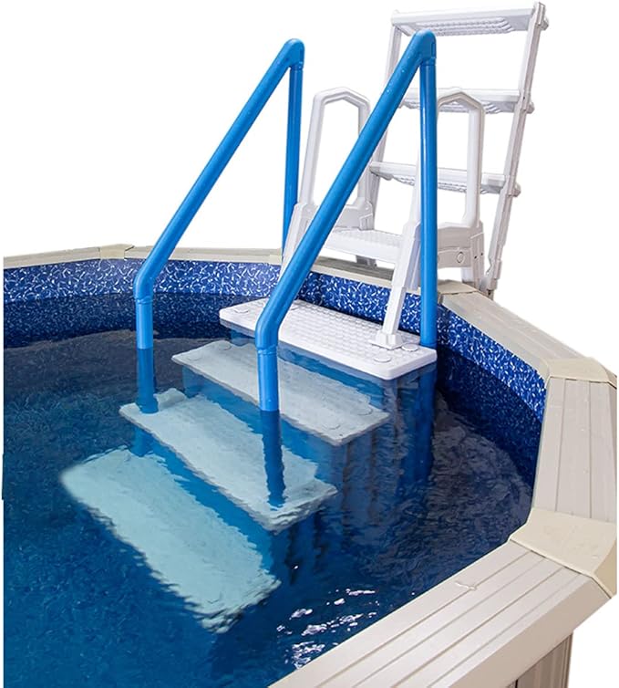 Aqua Select Anti-Slip in-Pool Steps with Outside Flip-Up Ladder | Blue/White Steps | for Above Ground Swimming Pools | Can Mount to Decks 48" to 54" H | Safety Stairs Capacity Up to 350 lbs