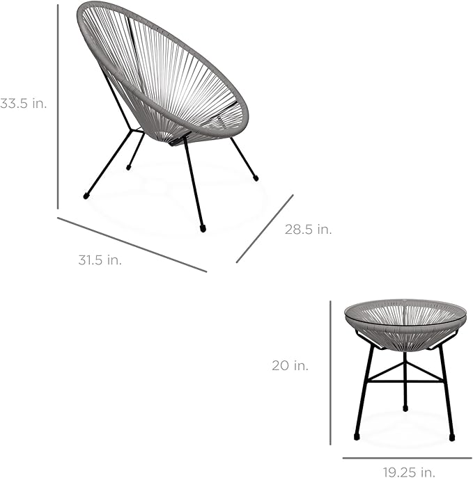 Best Choice Products 3-Piece Outdoor Acapulco All-Weather Patio Conversation Bistro Set w/Plastic Rope, Glass Top Table and 2 Chairs - Gray