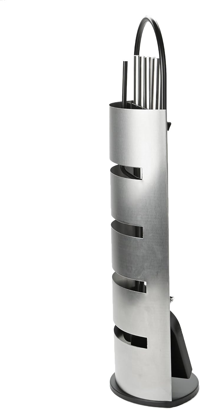 Mind Reader Fireplace Set with Stand, Brush, Shovel Scoop, Poker, Tongs, Durable Steel, 9"L x 6"W x 26.25"H, 4 Pcs, Silver