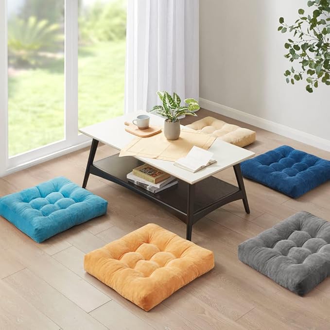 Degrees of Comfort Meditation Floor Pillow, Square Large Pillows Seating for Adults, Tufted Corduroy Cushion for Living Room Tatami, Orange Yellow 22x22 Inch