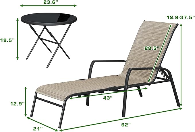 Devoko Patio Chaise Lounges Sets Outdoor Lounge Chairs with Adjustable Backrest & Sturdy Glass Top Coffee Table Suitable for Poolside, Beach, Backyard, Garden (Beige)