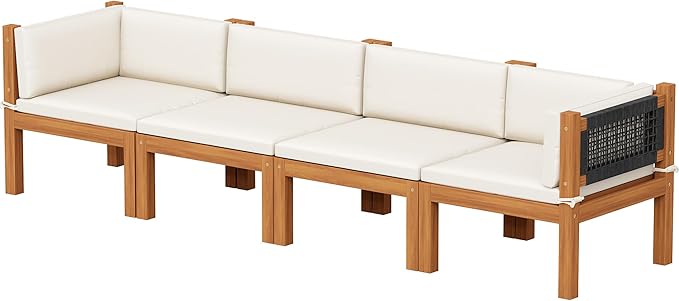 Devoko Patio Sectional Furniture Set 4 Pieces Outdoor Sectional Sofas with Coffee Table, Acacia Outdoor Furniture for Porch, Balcony, Garden
