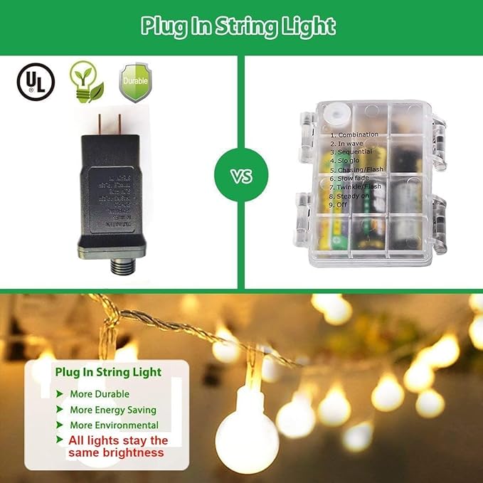 180ft Globe String Lights with 16ft Extended Lead & Stable Remote - 300 LED Warm White, 8 Distinct Modes, IP44 Waterproof & UL Listed for Backyard Wedding Patio Garden Large Area Decoration
