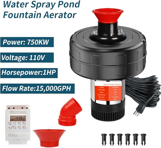 Pond Fountain Aerator, 1HP 110V 15000 GPH Stainless Steel Floating Pump w/100ft Cord – Aerator for Ponds, Lakes, Water Gardens