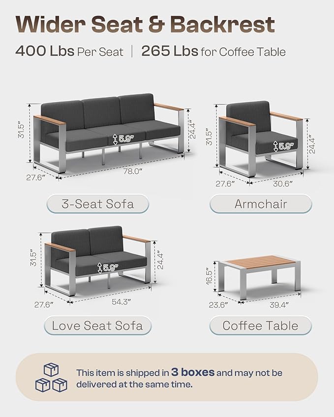 Aluminum Outdoor Patio Furniture, 1 Piece Loveseat, All-Weather Outside Sofa for Deck, Porch (Teak-Charcoal)