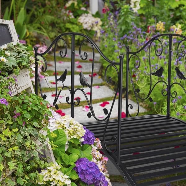 4 ft Metal Garden Bridge, Bird Pattern Arched Handrail Courtyard Iron Bridge Black