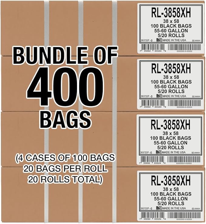 Aluf Plastics 55 Gallon Trash Can Liners (400 Count) - 38" x 58" - Thick 1.5 MIL Equivalent Black Trash Bags for Bathroom, Kitchen, Office, Industrial, Commercial, Recycling and More