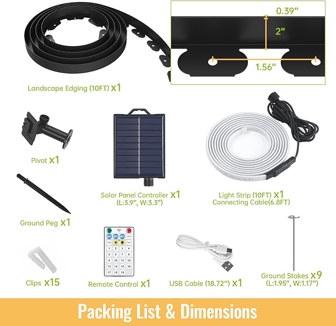 Landscape Edging with Solar String Lights, 10FT, 2in Depth, Metal Stakes & Light Remote, No-Dig Garden Edging with Timer & 19 Light Modes Landscape Border for Curved Straight Beds, Black