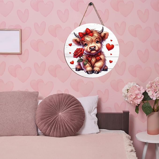 Valentines Day Wall Decor, Valentines Day Door Decorations, Gift for Boyfriend Girlfriend, Heart Rose Bow Highland Cow Wood Hanging Sign Anniversary Porch Home Bedroom Office Door Decor