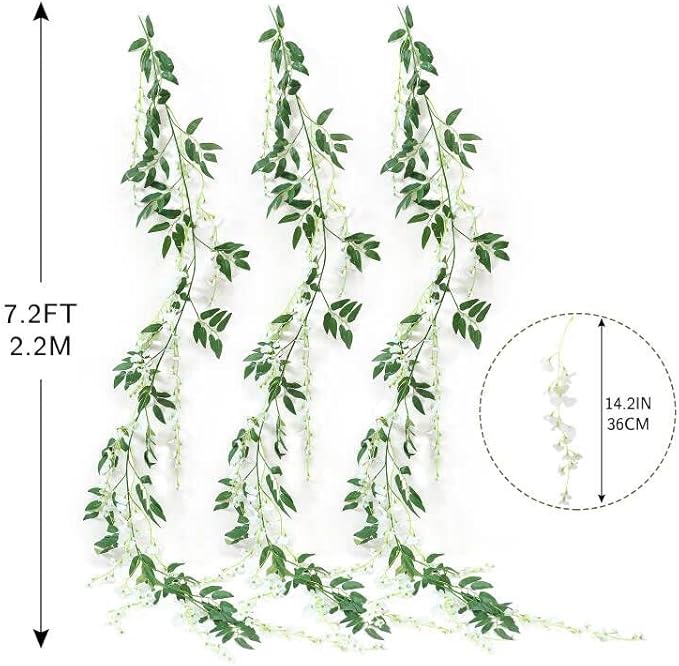 JUSTOYOU 3PCS 7FT 12 Stem Artificial Wisteria Vine Garland Fake Flower Wisteria Garlands for Outdoor Indoor Wedding Wall Badroom Decoration(White)