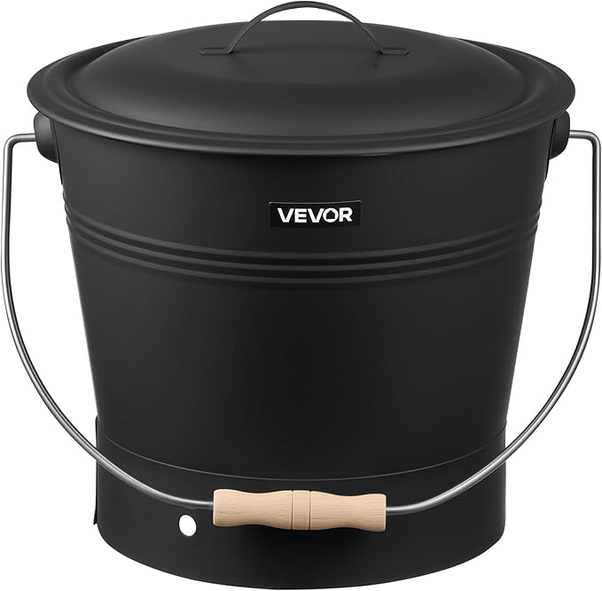VEVOR Ash Bucket, 4 PCS with Lid, Shovel, Broom and Gloves, Metal Fireplace Charcoal Bucket and Ash Can, 2.6 GAL Large Capacity for Fireplace, Fire Pits, Wood Burning Stoves, Indoor and Outdoor