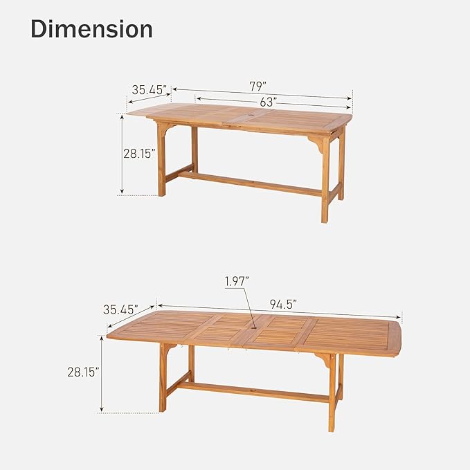 PHI VILLA Outdoor Acacia Wood Dining Table for 6-8, Large Extendable Rectangular Teak Table with Umbrella Hole, Farmhouse Outside Furniture for Patio, Deck, Porch, Yard