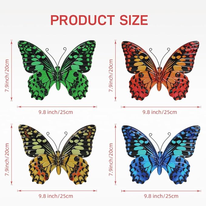4 Pcs Butterfly Wall Decor Art, Butterflies Outdoor Metal Wall Art with Vivid Pattern, Hand Painted Outdoor Garden Yard Fence Patio Decor Gift for Women Mom