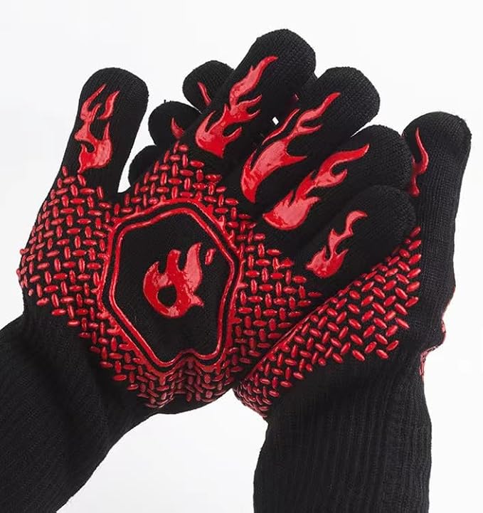 BBQ Grill Gloves Heat Resistant 1472℉ High Temp Resistance Fireproof Glove for Grilling Smoking Barbecue Washable Long Oven Extreme Hot Proof Mittens for Kitchen Baking (Red)