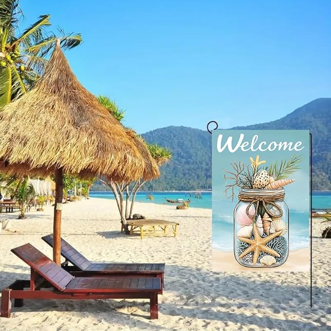 Summer Garden Flag 12x18 Double Sided, Burlap Seasonal Rustic Beach Shell Garden Flags Summer Outdoor Decorations, Small Decorative Yard Lawn Porch Flags for Outside Décor