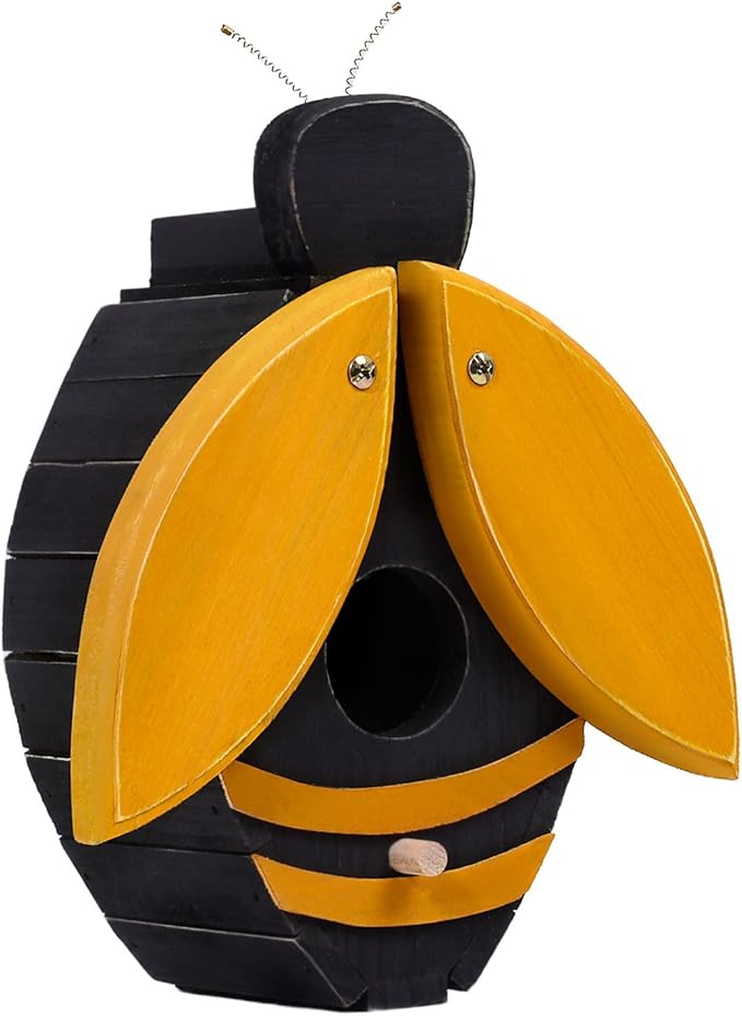 Bird Houses for Outside, Bee-Shaped Birdhouse Attracts Wild Birds (Bluebirds, Finches, Cardinals), Durable Wood Bird House with 4 cm Entrance Hole,Unique Garden Decor,Weather-Resistant