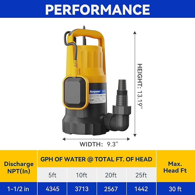 Acquaer Sump Pump Submersible Water Pump for Water Removal in Hot Tubs, Pools, Basements, and Garden Ponds, 1HP 4345GPH Float Switch